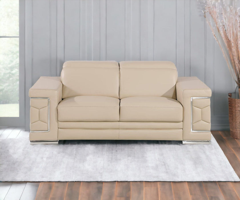 Genuine Leather Love Seat - Silver / Beige