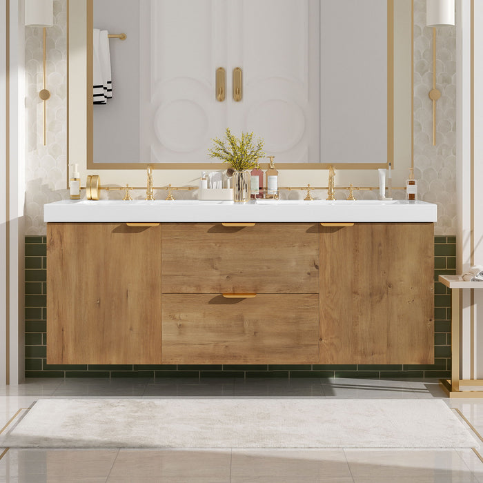 Double Sink Bathroom Vanity Soft Close Doors, Divided Drawers, Wall Mounted - Wood Hearth and Haven