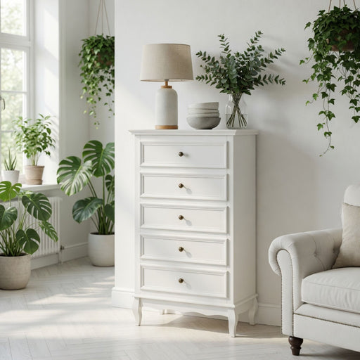 5 Drawer Tall Wide Chest Of Drawers - White Home Essentials