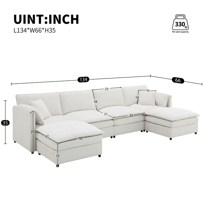 Chenille Modular Sectional Sofa, U Shaped Cloud Couch Set With Double Cushions, 6 Seat Sleeper Sofa Bed With Ottomans, Oversized Indoor Furniture For Living Room