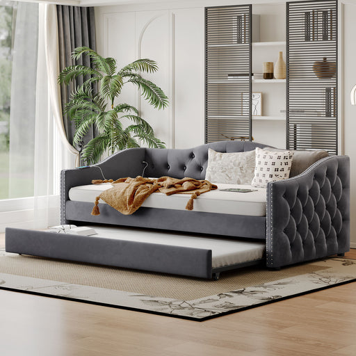 Twin Size Upholstered Daybed With Trundle And USB Charging Design For Bedroom - Gray Home Essentials