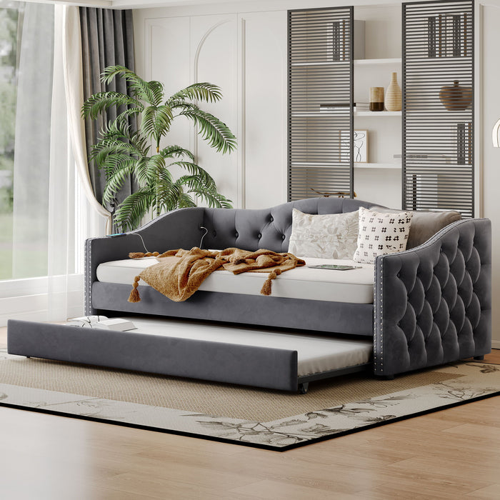 Twin Size Upholstered Daybed With Trundle And USB Charging Design For Bedroom - Gray Home Essentials