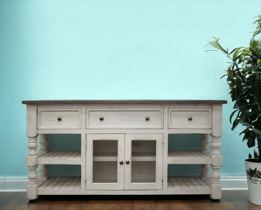 Solid Wood, Open Shelving Distressed TV Stand - Ivory