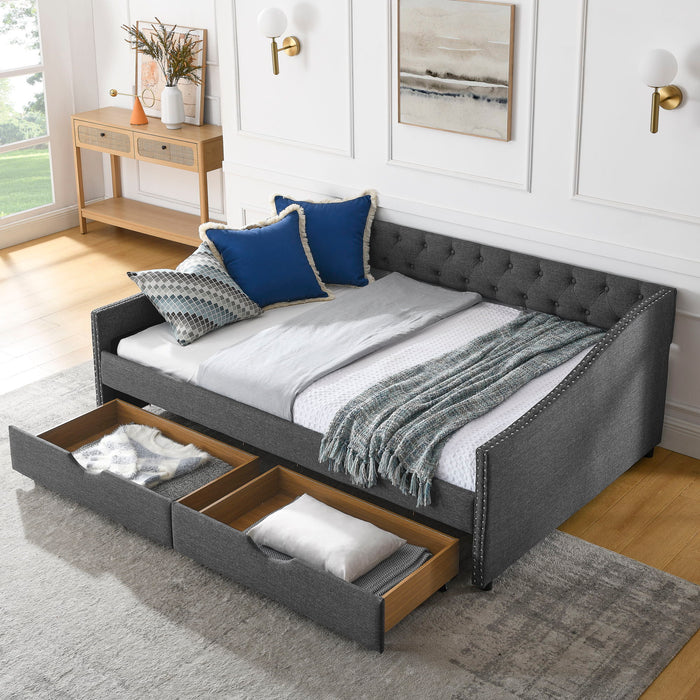 Upholstered Tufted Daybed With Drawers, Waved Arms Home Essentials