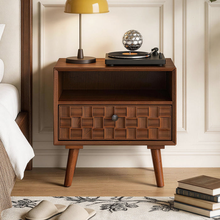 Nightstand With Carved Geometric Drawer Front, 1 Drawer And Open Shelf Home Essentials
