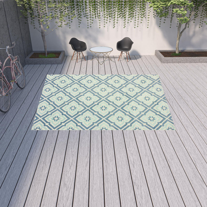 10' X 13' Geometric Stain Resistant Indoor / Outdoor Area Rug - Blue / Ivory