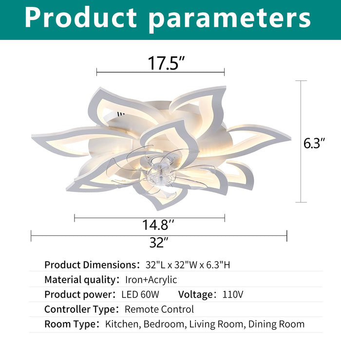 32" Flower Ceiling Fan With LED Dimmable Light, Low Profile Flush Mount Fan With Remote Control, 6 Speeds Daily Nest