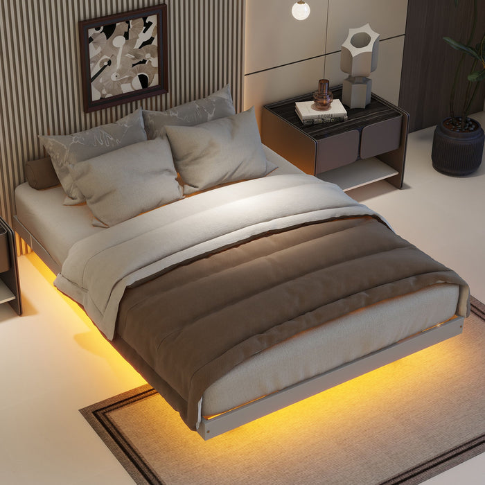 Floating Bed With LED Lights Underneath, Modern Low Profile Platform Bed With LED Lights