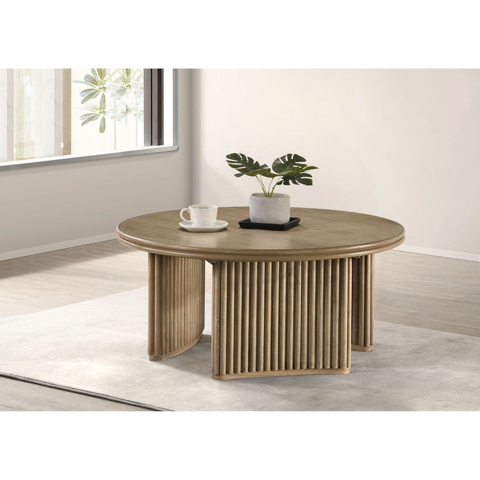 Dreydon - Round Coffee Table With Curved Pedestal Base - Light Brown Furniture Max