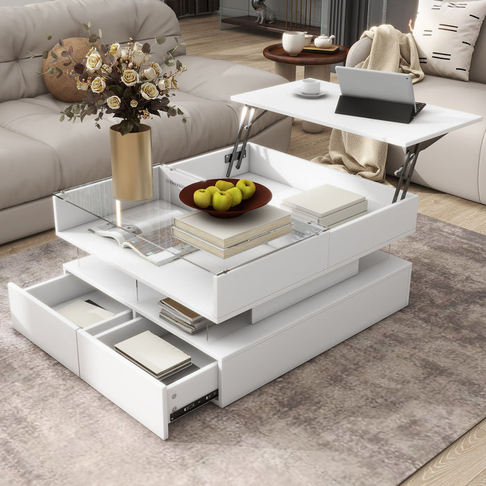 Lift Top Coffee Table With 2 Drawers, Hidden Space And LED Lights For Living Room Hearth and Haven