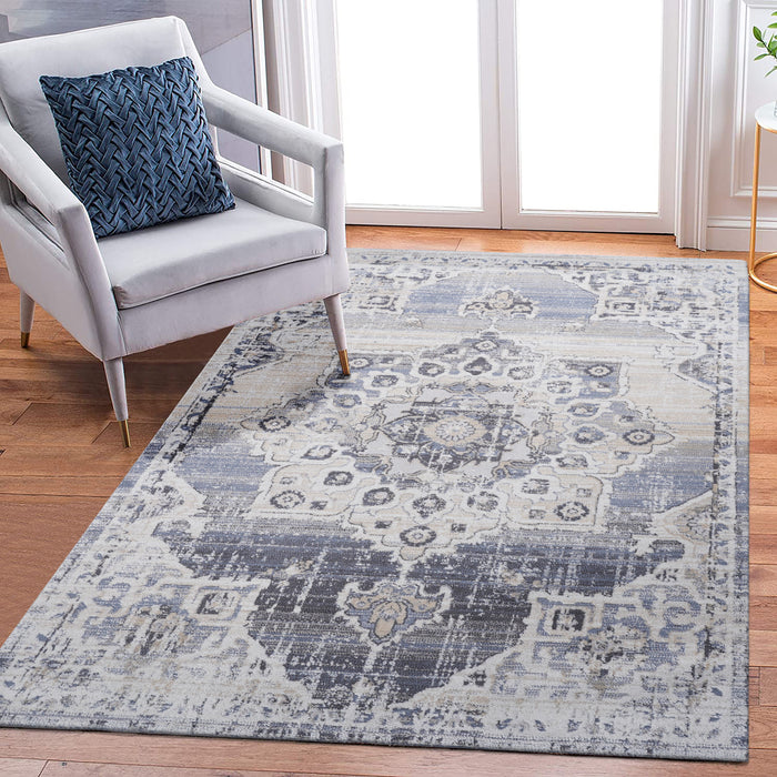 6' x 9' Medallion Non-Shedding Living Room Bedroom Dining Home Office Stylish And Stain Resistant Area Rug - Cream / Blue