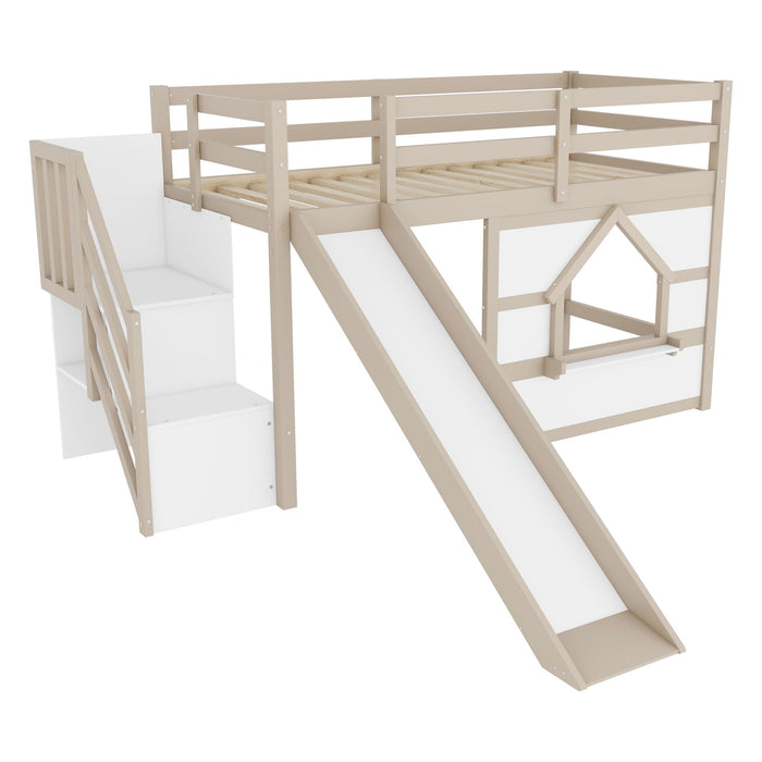 Loft Bed With Storage Stairs, Slide, Playhouse Window And 7 Colors LED Lights Home Essentials