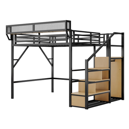 Queen Size Loft Bed & Stairs, Storage Shelves, Wardrobe - Black / Wood Home Essentials