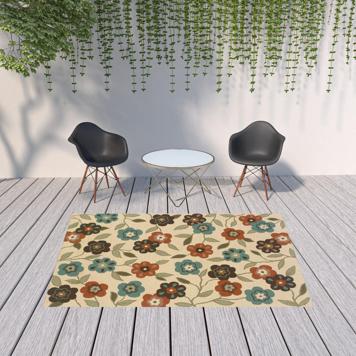 7' X 10' Floral Stain Resistant Outdoor & Indoor Area Rug - Brown / Ivory