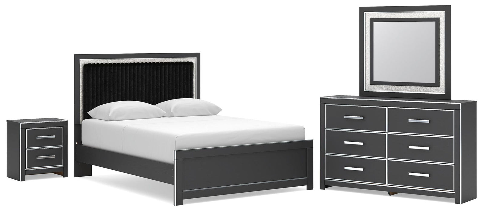Zuraleus - 4 Pc. - Queen Upholstered Bed With Roll Slats, Dresser, Mirror And Nightstand - Black Signature Design by Ashley®