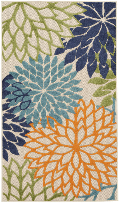 3' X 5' Floral Non Skid Indoor / Outdoor Area Rug - Cream / Blue