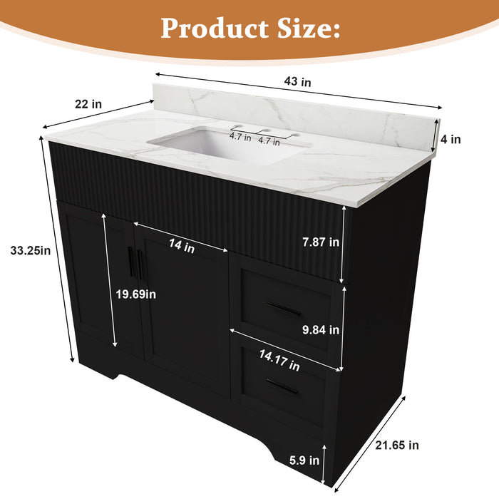 Bathroom Vanity Set, Fluted Cabinet, 3 Faucet Holes, Sink Included - Black Home Essentials