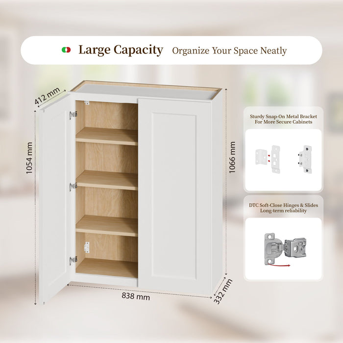 Shaker Wall Cabinet With Soft Close Hinges, Adjustable Shelves, Double Door Home Essentials