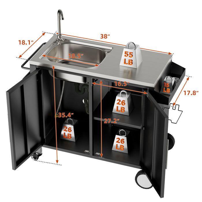 Outdoor Grill Table With Sink, Grill Cart With Sink And Cabinet With Wheels - Black / Silver Daily Nest