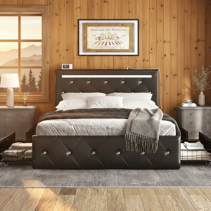 Upholstered Bed Frame With LED Lights, 4 Storage Drawers, Charging Station Home Essentials
