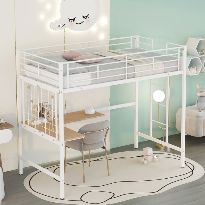 Twin Loft Bed With Desk And Grid - White