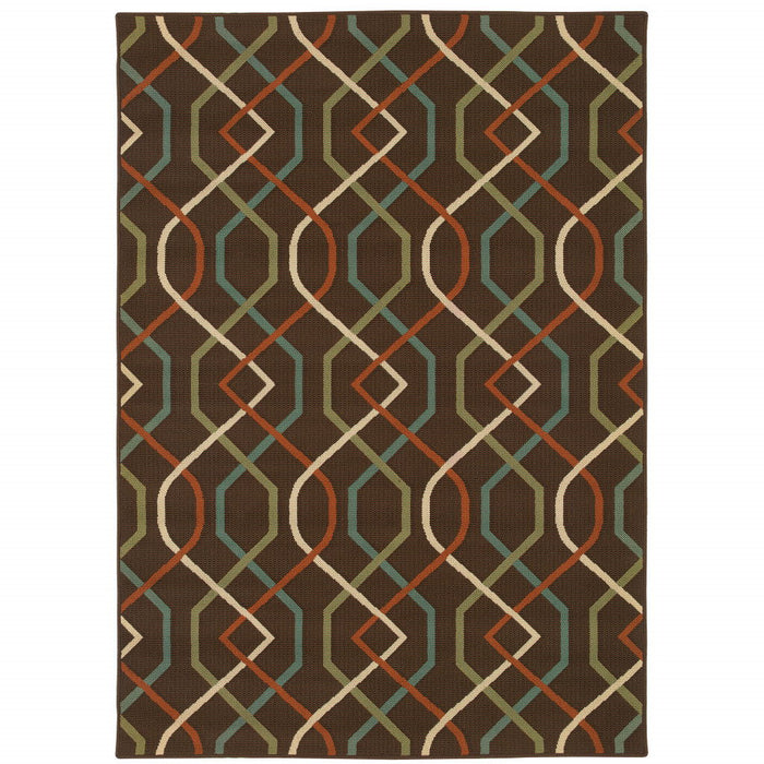 7' X 10' Geometric Stain Resistant Indoor / Outdoor Area Rug - Brown / Ivory