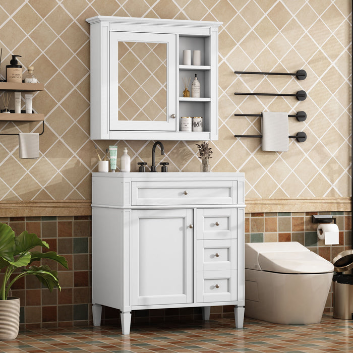 30'' Bathroom Vanity With Top Sink, Modern Bathroom Storage Cabinet With 2 Drawers And A Tip Out Drawer, Freestanding Vanity Set With Mirror Cabinet, Single Sink Bathroom Vanity - White