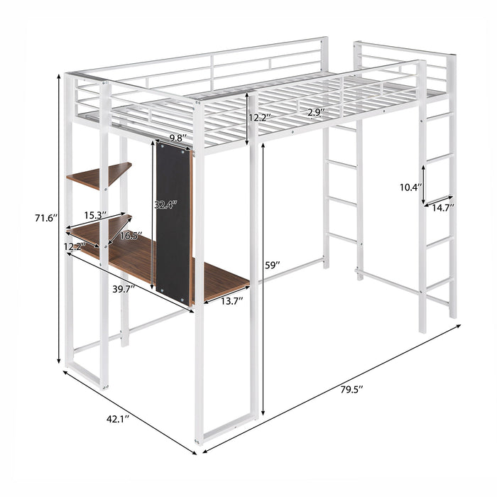 Hearth & Haven - Twin Metal Loft Bed With 2 Shelves And One Desk - White