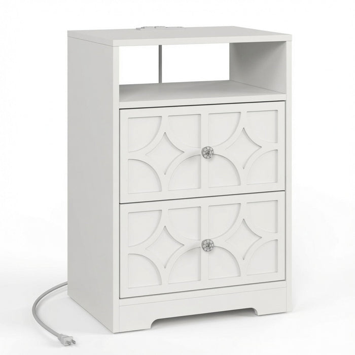 Nightstand With Diamond Carvings Handles, 2 Drawers & Charging Station Home Essentials