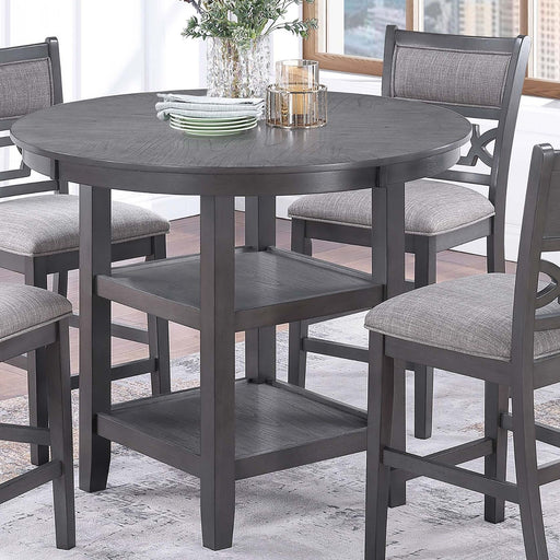 5 Piece Counter Height Dining Set With Storage Shelves Round Table And Upholstered High Chairs - Gray Home Essentials