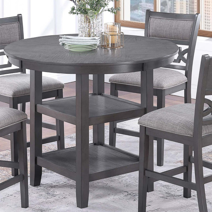 5 Piece Counter Height Dining Set With Storage Shelves Round Table And Upholstered High Chairs - Gray Home Essentials