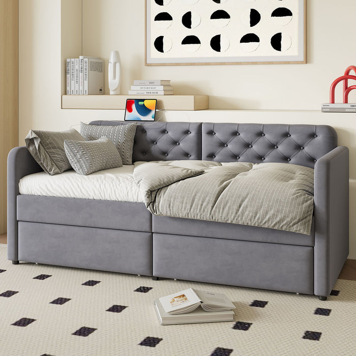 Twin Size Upholstered Daybed With 2 Storage Drawers And USB Charging Design - Gray Home Essentials