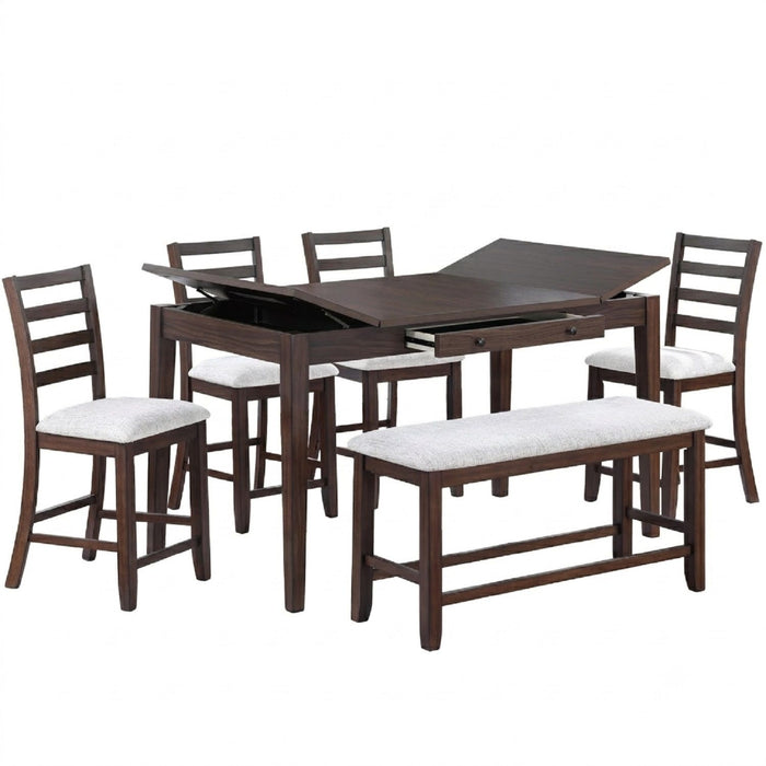 6 Piece Counter Height Dining Set Table With Storage Ladder Back Chairs And Bench - Walnut Home Essentials