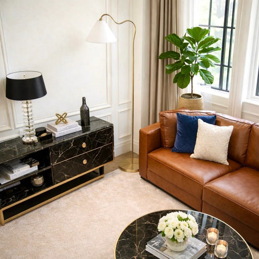 Majestic - Ring Base Curved Floor Lamp With Triangle Drum Shade - Gold / White Ashcroft Furniture