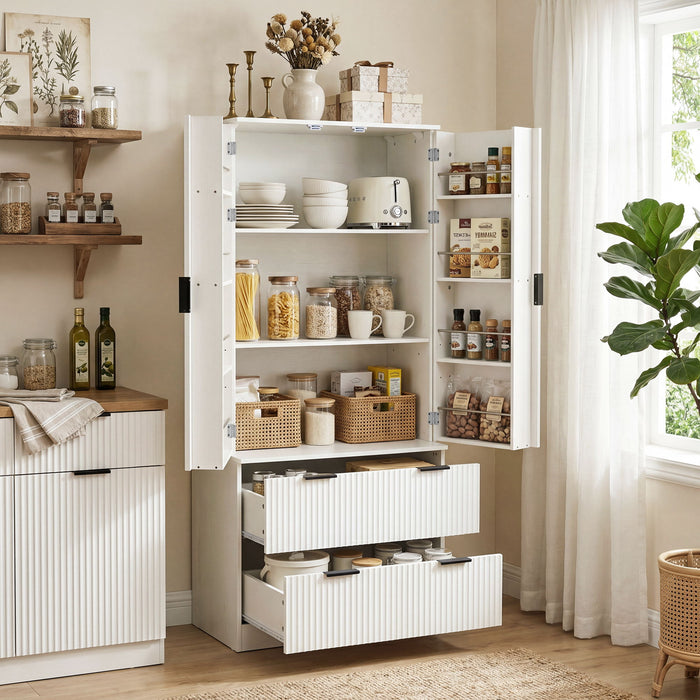 Fluted Kitchen Pantry Cabinet With 2 Large Drawers & 8 Door Spice Rack Home Essentials