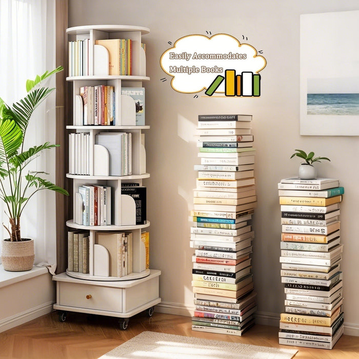 Rotating Bookshelf With Wheels And Drawer, 360° Spinning Design, Space Saving Storage Home Essentials