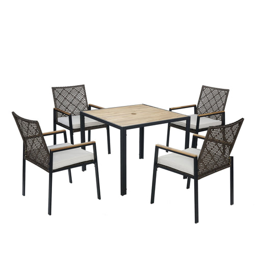 5 Piece Patio Dining Table Set, Acacia Wood Table Top With Umbrella Hole Home Essentials