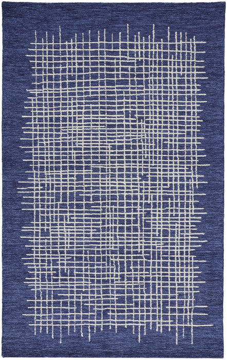 Plaid Tufted Handmade Area Rug - Blue And Ivory Wool - 12' X 15'