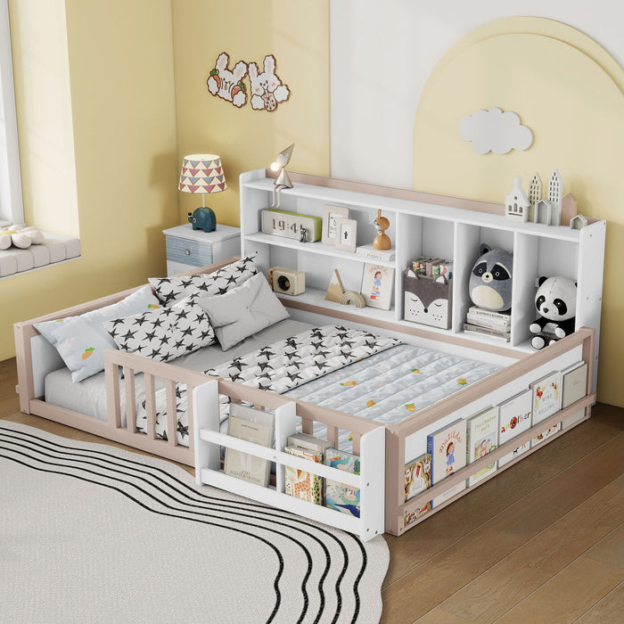 Platform Bed Frame With Guardrail, Storage Shelves & Bookshelf Home Essentials