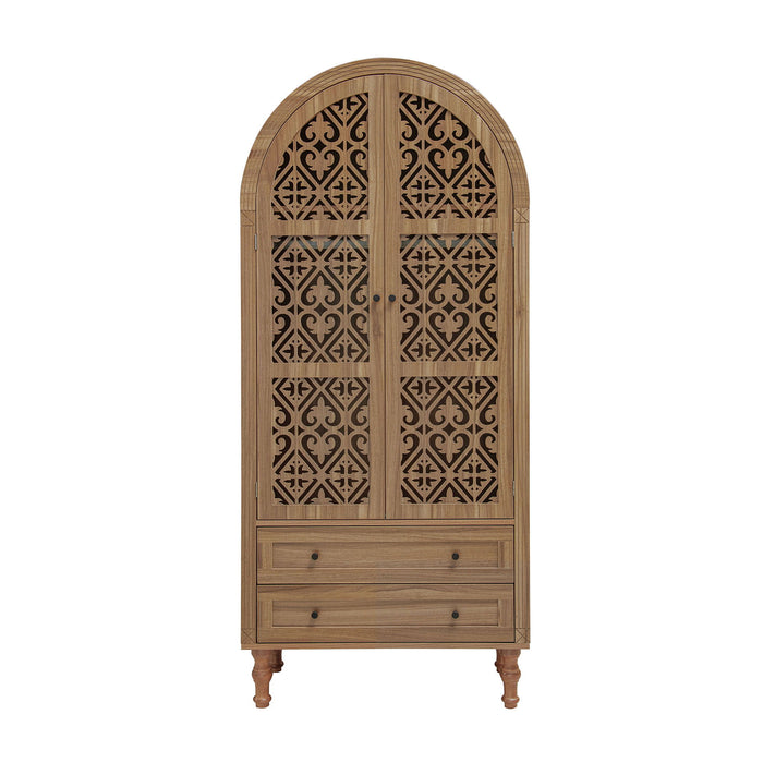 Tall Kitchen Pantry Cabinet With Hollow Carved Doors 2 Drawers And Adjustable Shelves Storage Display Cabinet For Kitchen Dining Room Or Living Room - Walnut Home Essentials