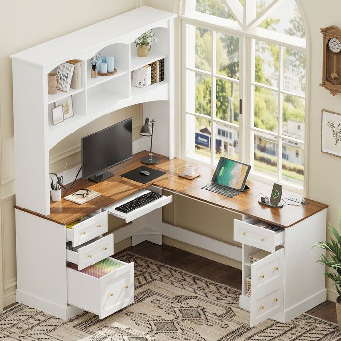 Space Saving L-Shaped Computer Desk With Keyboard Tray & Charging Stations Hearth and Haven