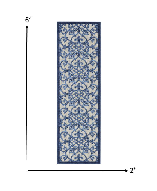 2' X 6' Floral Outdoor / Indoor Area Rug - Blue / Gray