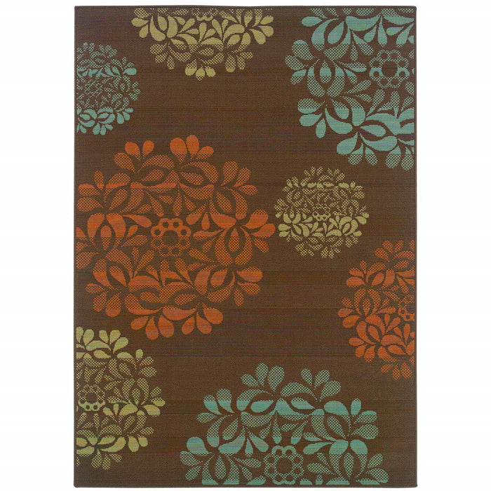 2' X 4' Floral Stain Resistant Indoor & Outdoor Area Rug - Brown