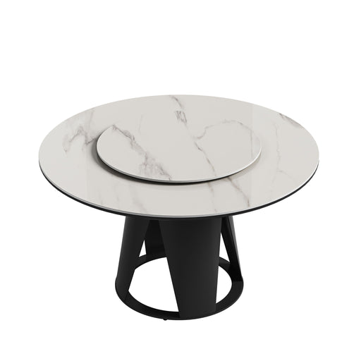 Modern Sintered Stone Dining Table With Round Turntable And Metal Pedestal - White Home Essentials