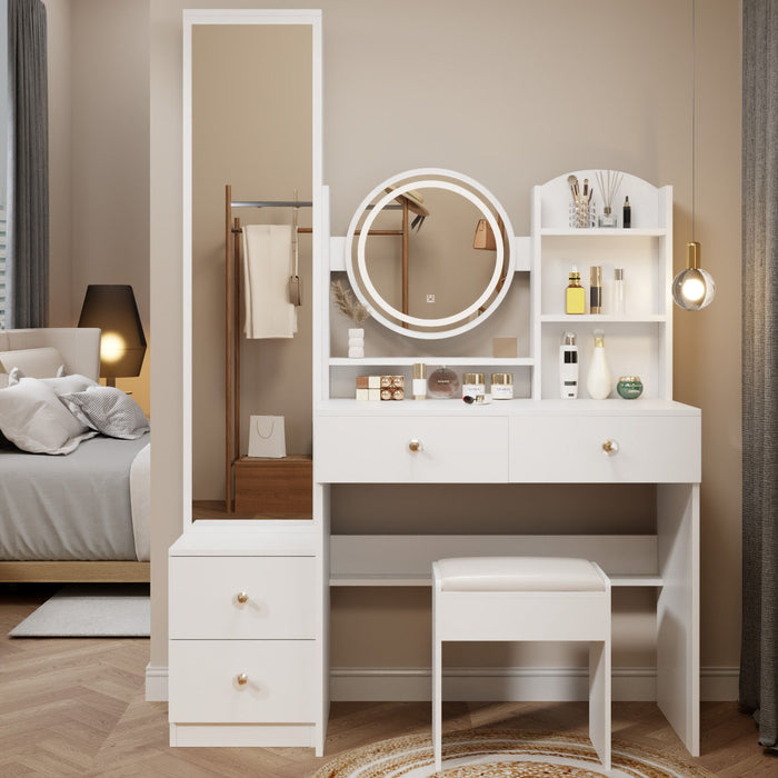 Full Body Mirror Cabinet / Round Mirror LED Vanity Table / Cushioned Stool, 17" Diameter LED Mirror, Touch Control, 3 Color, Brightness Adjustable, Large Desktop, Multi Layer High Capacity Storage