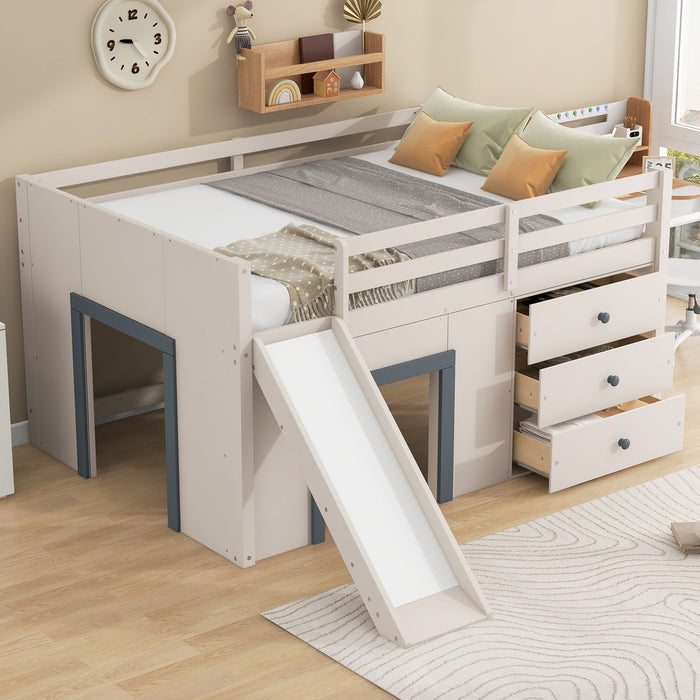 Modern Low Loft Bed With Slide, 3 Storage Drawers, And 2 Doors Hearth and Haven