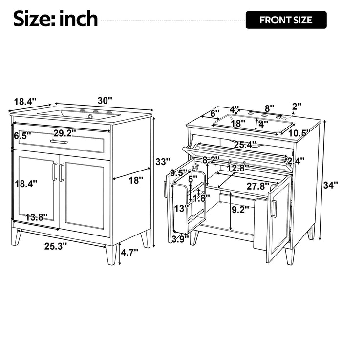 30" Bathroom Vanity With Sink Top, Soft Close Double Doors & Tip Out Drawer, Adjustable Interior Shelf, Door Mounted Organizers - Beige Noble House