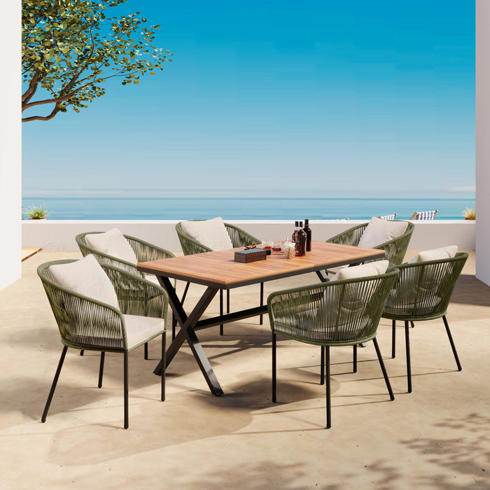 Go 7 Pieces Patio Dining Set, All - Weather Outdoor Furniture Set With Dining Table And Chairs, Acacia Wood Tabletop, Metal Frame, For For Garden, Backyard, Balcony, Green