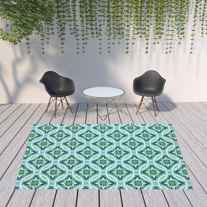 8' X 11' Geometric Stain Resistant Outdoor & Indoor Area Rug - Blue / Green