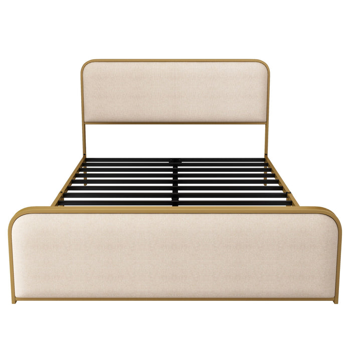 Queen Size Bed Frame With Curved Upholstered Headboard And Footboard - Beige / Gold Hearth and Haven